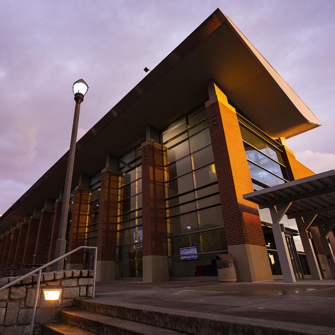 exterior of the Campus Center at sundown